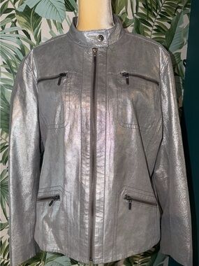 Chico's Lavish Luster Metallic Silver Genuine Leather Jacket 3